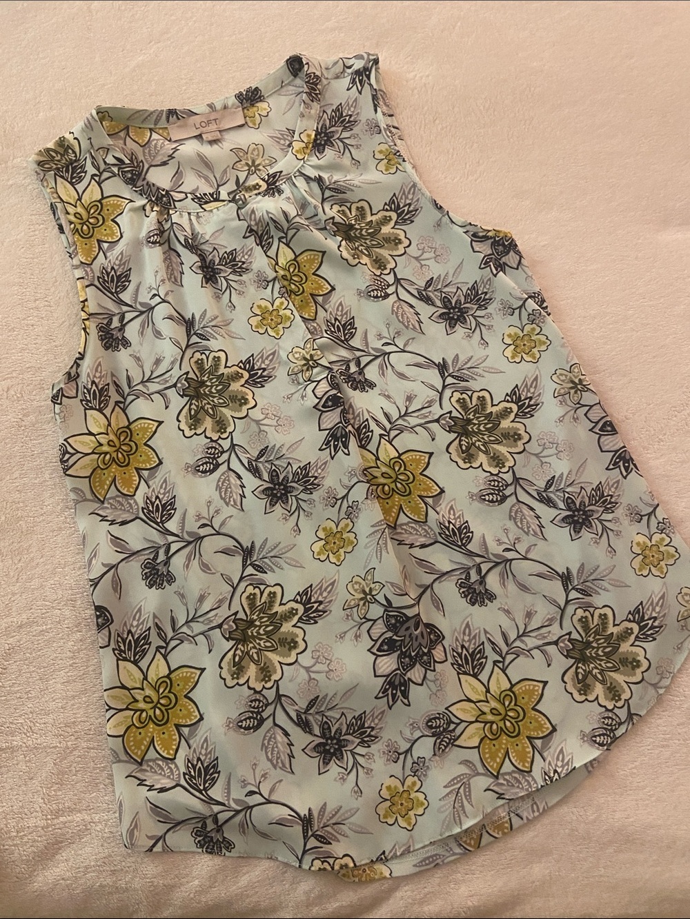 LOFT Mint Green and Yellow Floral Sleeveless Mixed Media Top; Size XS
